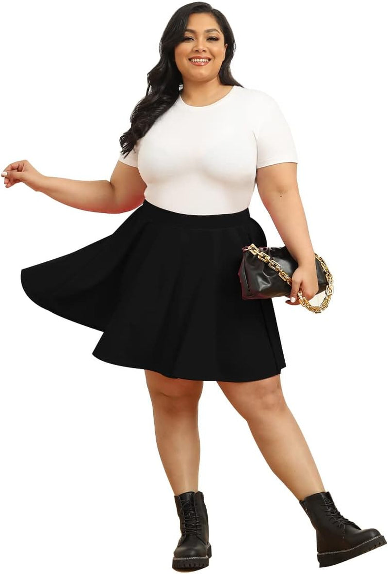 plus Size Basic Versatile Stretchy Elastic Waist Flared Casual Mini Skater Skirt/Pleated Plaid Skirt for Women XL-5XL