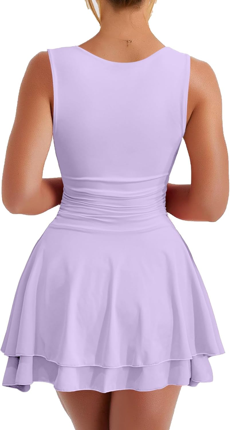 Women'S Square Neck Ruffle Hem Mini Dress Ruched Waist Short Party Dresses