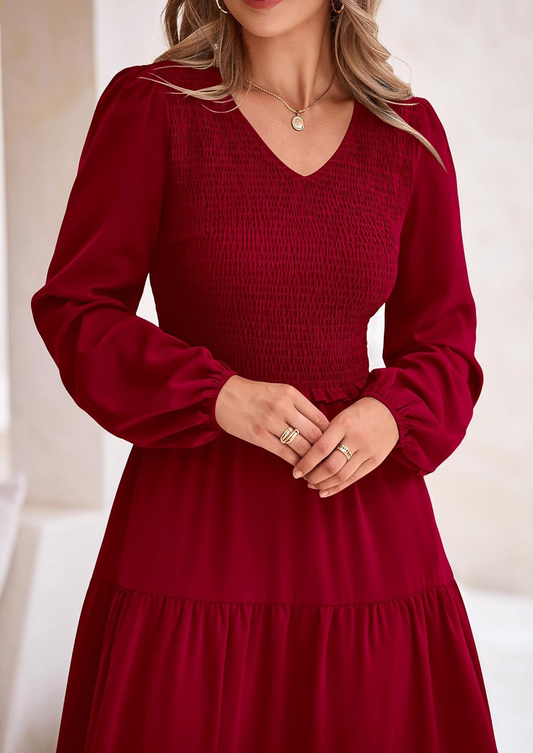 Fall Dresses for Women 2025 Casual Long Sleeve V Neck Smocked a Line Long Flowy Wedding Guest Dress