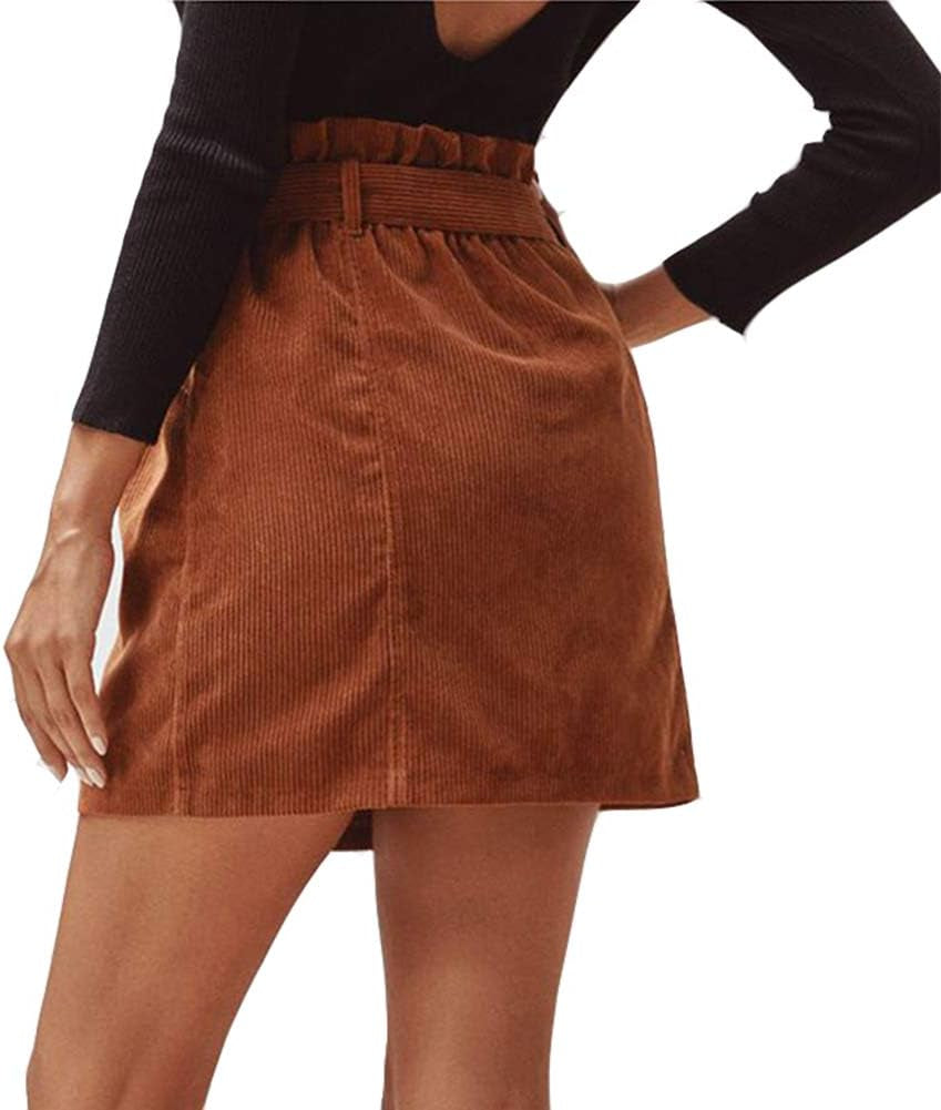 Women Paperbag High Waist Elastic Belted Corduroy Button Front with Pockets Short Mini Skirt