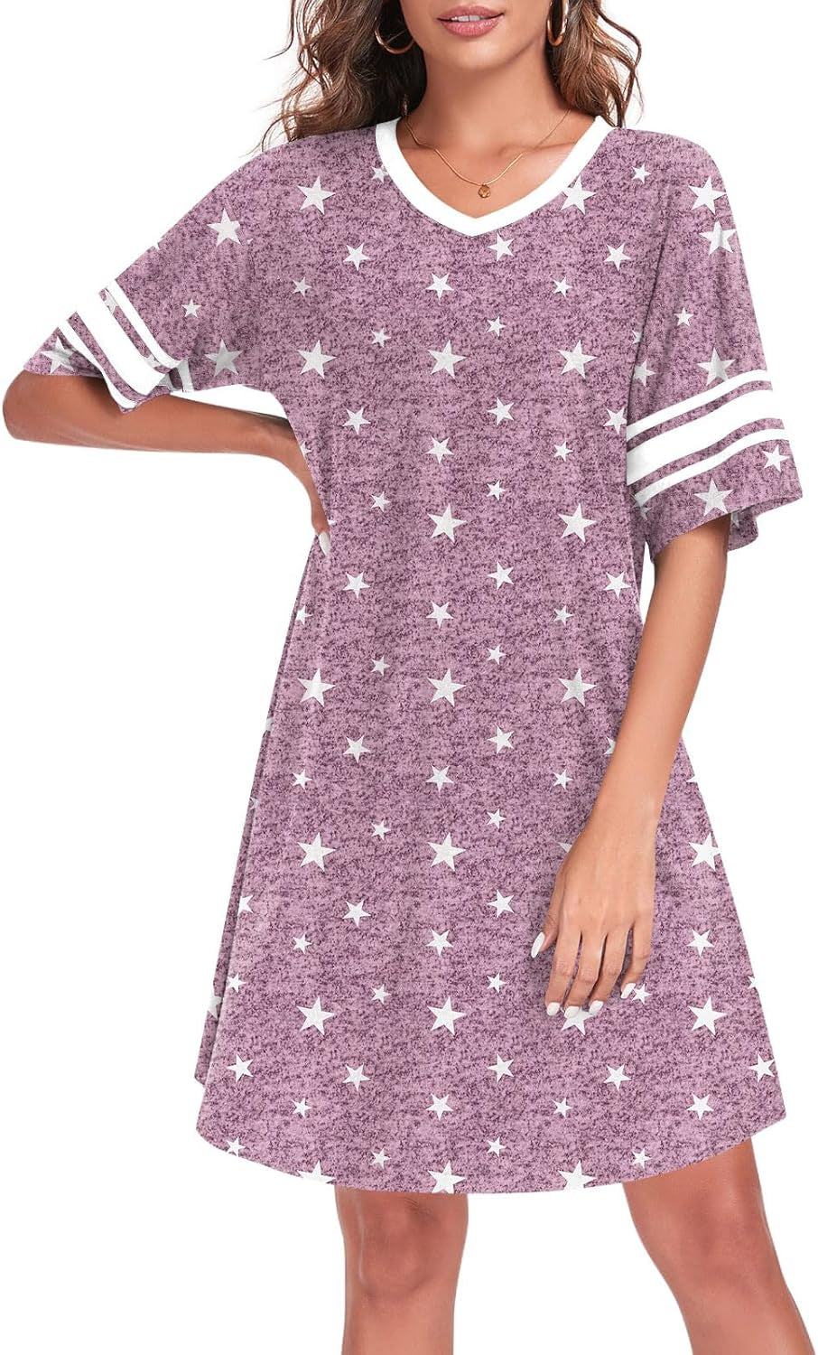 Womens Nightgowns Short Sleeve Sleepshirt Sleepwear Casual V Neck Sleep Dress Loungewear Nightshirts