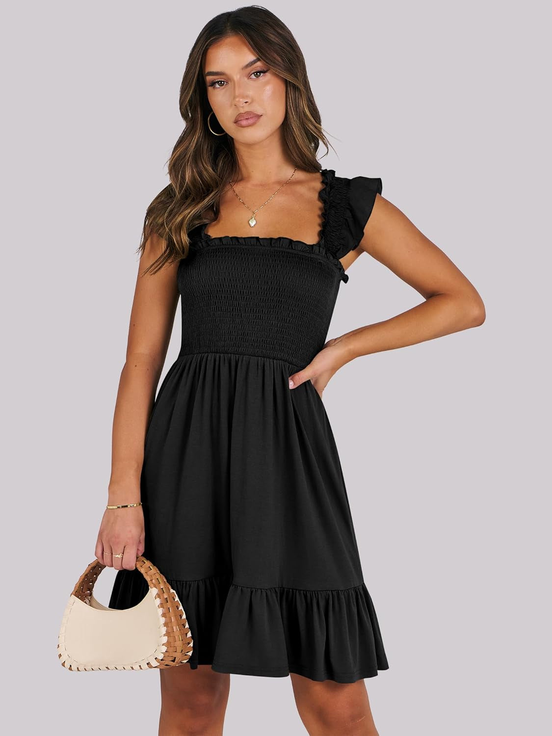 Women'S Summer Casual Sleeveless Square Neck Dress 2025 Smocked Ruffle Backless Boho Beach Cute Teen Short Sundress