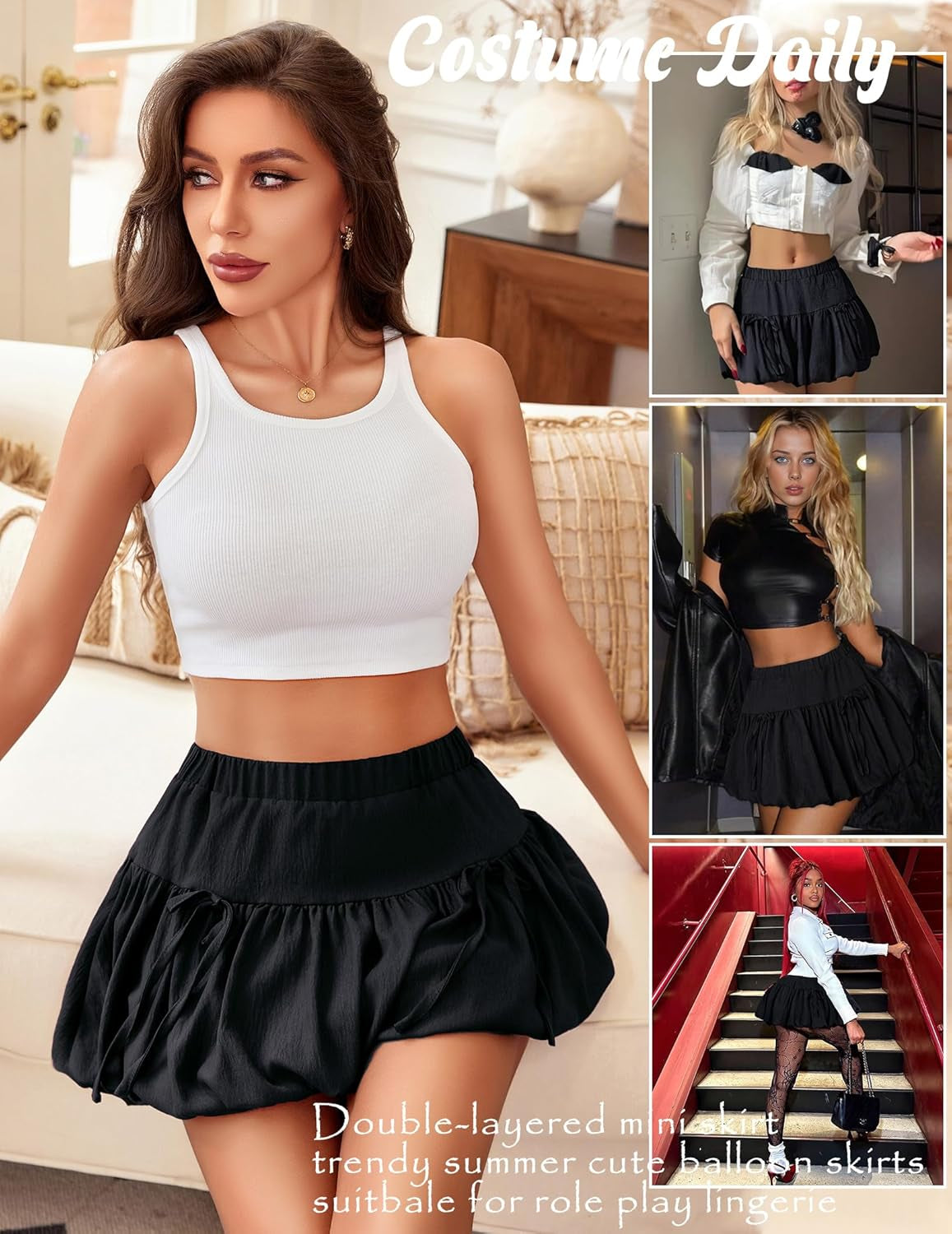 Mini Skirt for Women Bubble Puffy Hem Y2K Elastic Waist a Line Basic Casual Skirts S-XXL