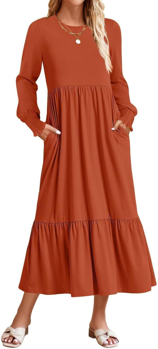 Women'S 2025 Fall Long Sleeve Dress Crewneck Casual Loose Pleated Tiered Swing Midi Dresses with Pockets