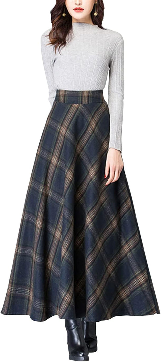 Women'S Vintage High Waist Wool Blend Plaid A-Line Long Maxi Skirt with Pocket