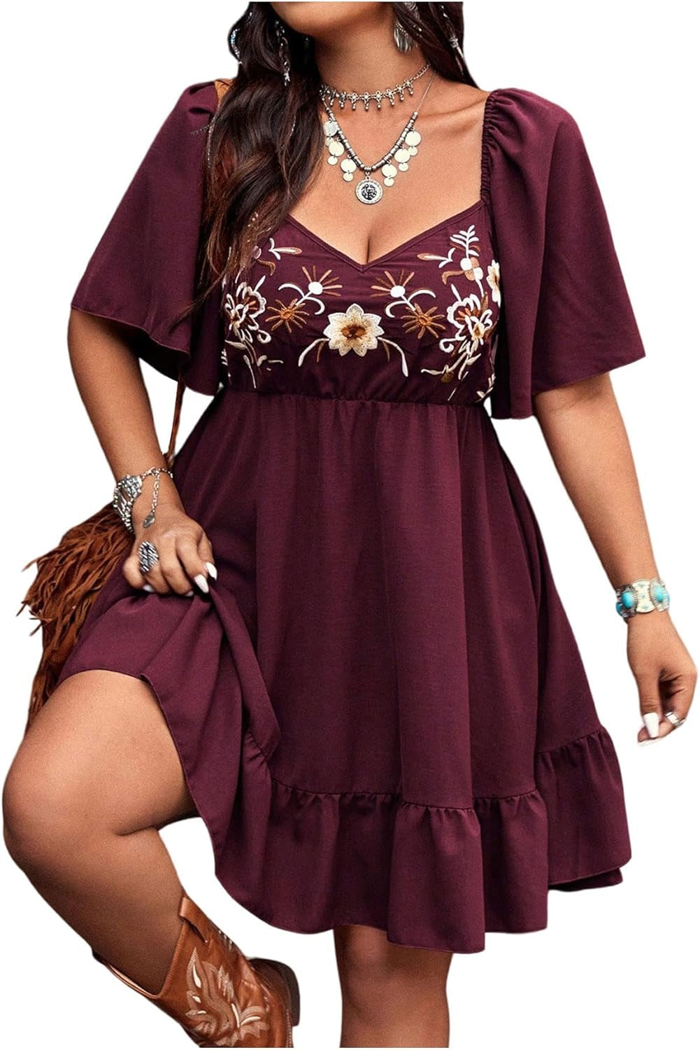 Women'S plus Size Western Boho Floral Flowy Dress Cowgirl Outfits Country Summer a Line Dresses S-4XL