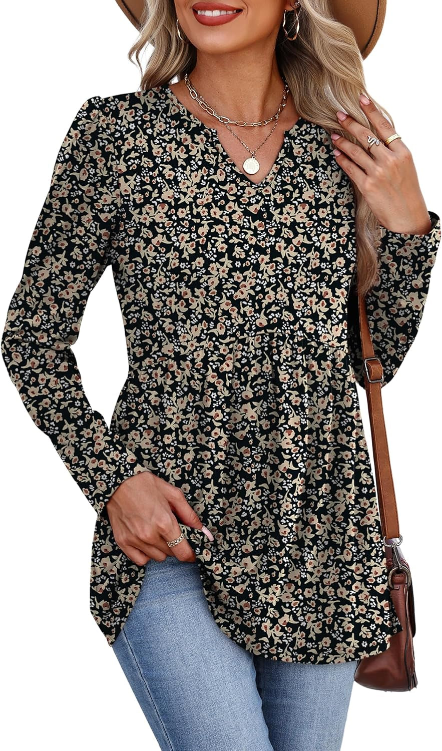 Womens Tops Long Sleeve Fall Shirts Babydoll Peplum Tops for Women V Neck Tunic Dressy Casual Blouses