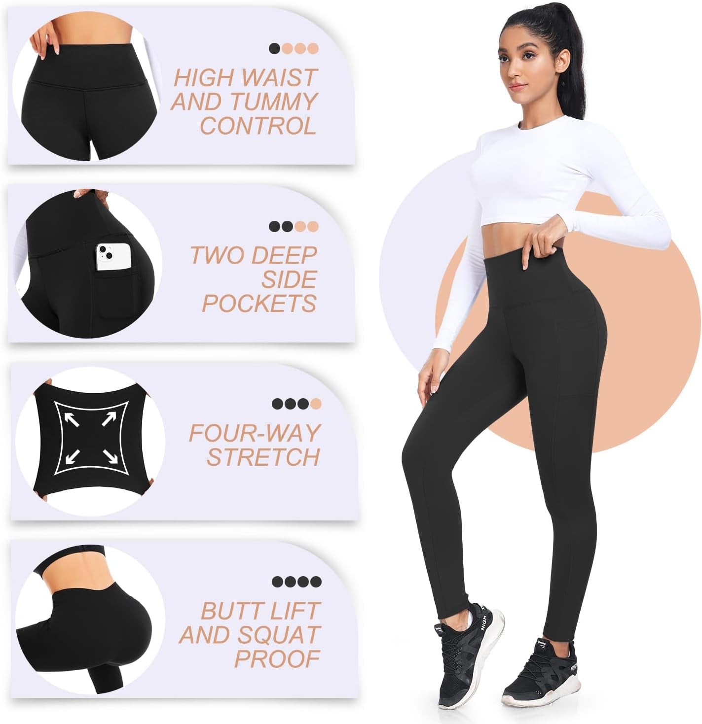 4 Pack Fleece Lined Leggings with Pockets for Women High Waisted Thermal Winter Warm Yoga Pants for Workout Running