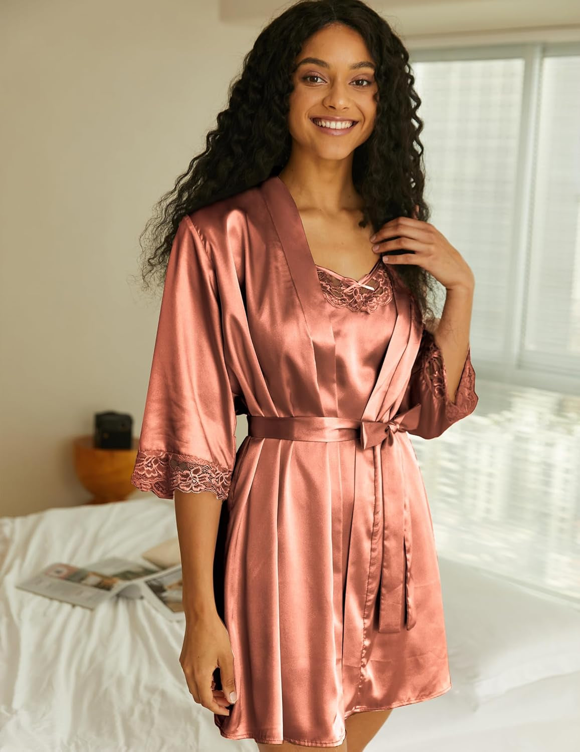 Sleepwear Women'S Satin Nightgown with Robes Set 2 Piece Sexy Lace Cami Nightwear