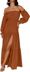 Women'S 2025 Boho Sexy off Shoulder Long Sleeve Smocked High Waist Side Split Flowy a Line Tiered Long Maxi Dress