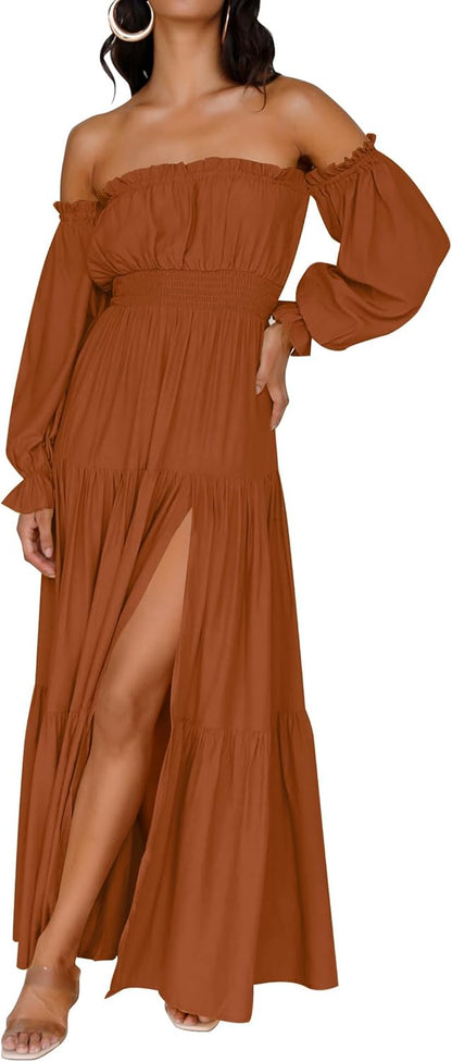 Women'S 2025 Boho Sexy off Shoulder Long Sleeve Smocked High Waist Side Split Flowy a Line Tiered Long Maxi Dress