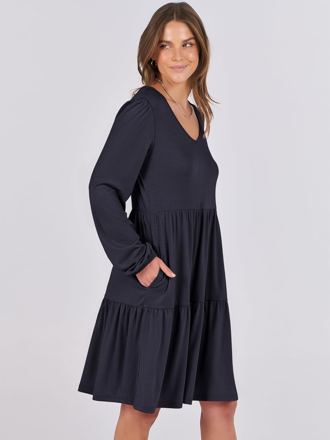 Womens Long Sleeve Dress 2025 Fall Casual V Neck Tiered Flowy Short Dresses Beach Travel Vacation Outfits