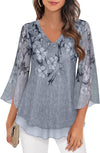 Women'S 3/4 Sleeve Floral Blouses Shirts Double Layers V Neck Dressy Tunics Tops