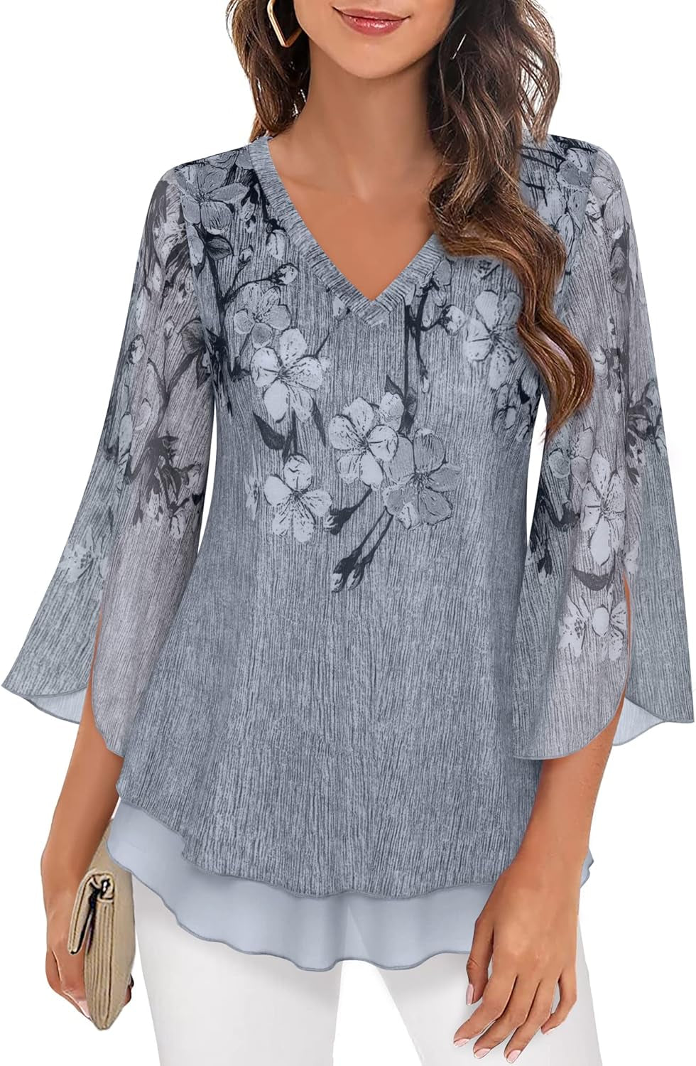 Women'S 3/4 Sleeve Floral Blouses Shirts Double Layers V Neck Dressy Tunics Tops