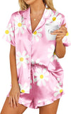 Womens Satin Pajamas Set Button down 2 Piece Silk Pjs Shorts Set Ruffle Lingerie Notch Collar Sleepwear