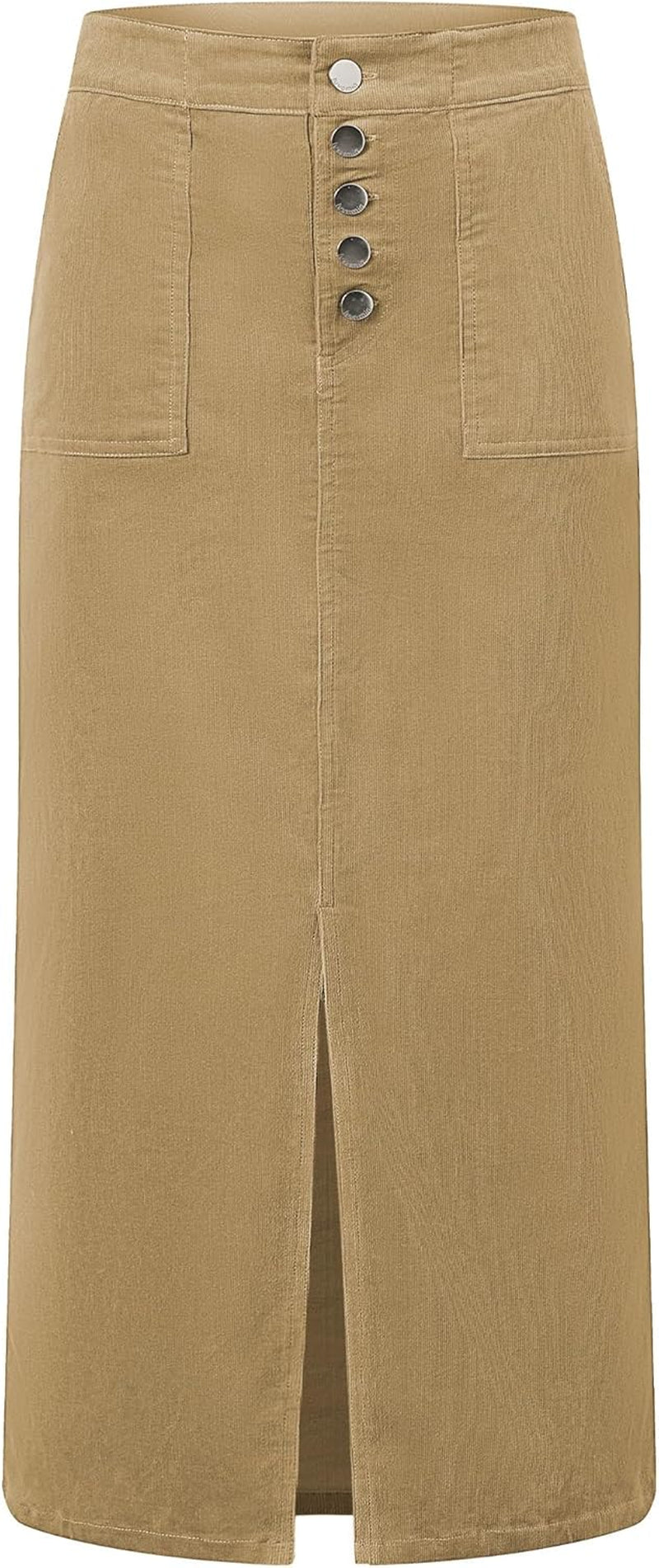 Corduroy Skirts for Women Midi Length High Waisted Button Fly Fall Casual Elastic Waist Long Skirt with Slit