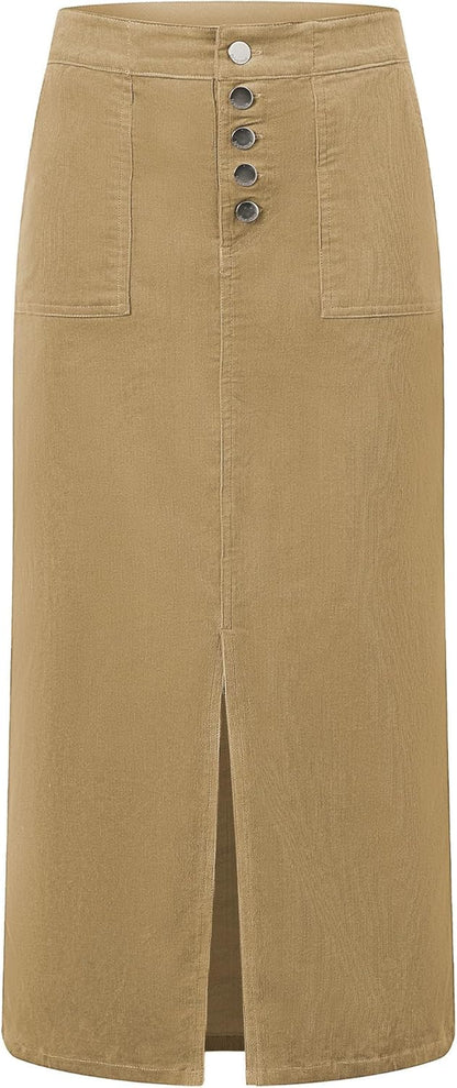 Corduroy Skirts for Women Midi Length High Waisted Button Fly Fall Casual Elastic Waist Long Skirt with Slit