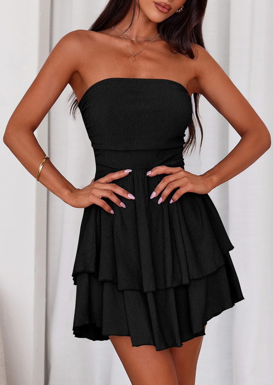 Women'S 2025 Summer Strapless Tube Mini Dress off Shoulder Smocked Ruffle a Line Flowy Short Party Club Dresses