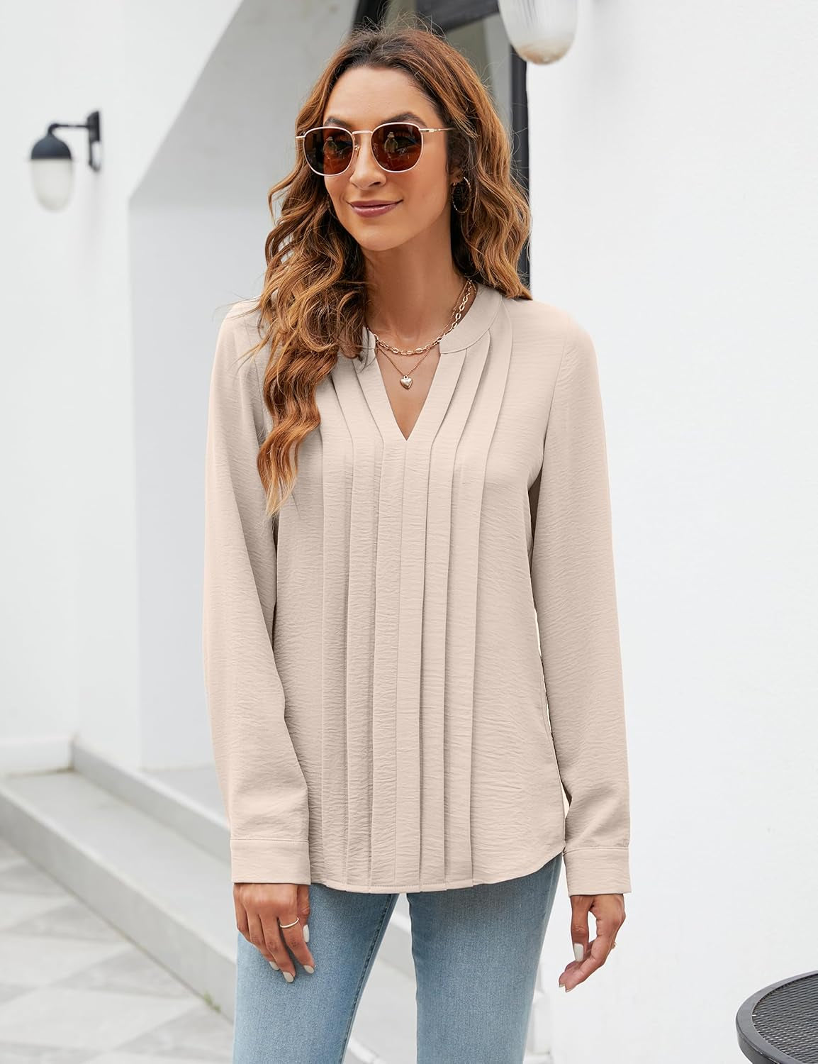 Women'S Dressy Casual Blouses Business Work Tops Long Sleeve V Neck Pleated Shirts 2025 Fall Outfits