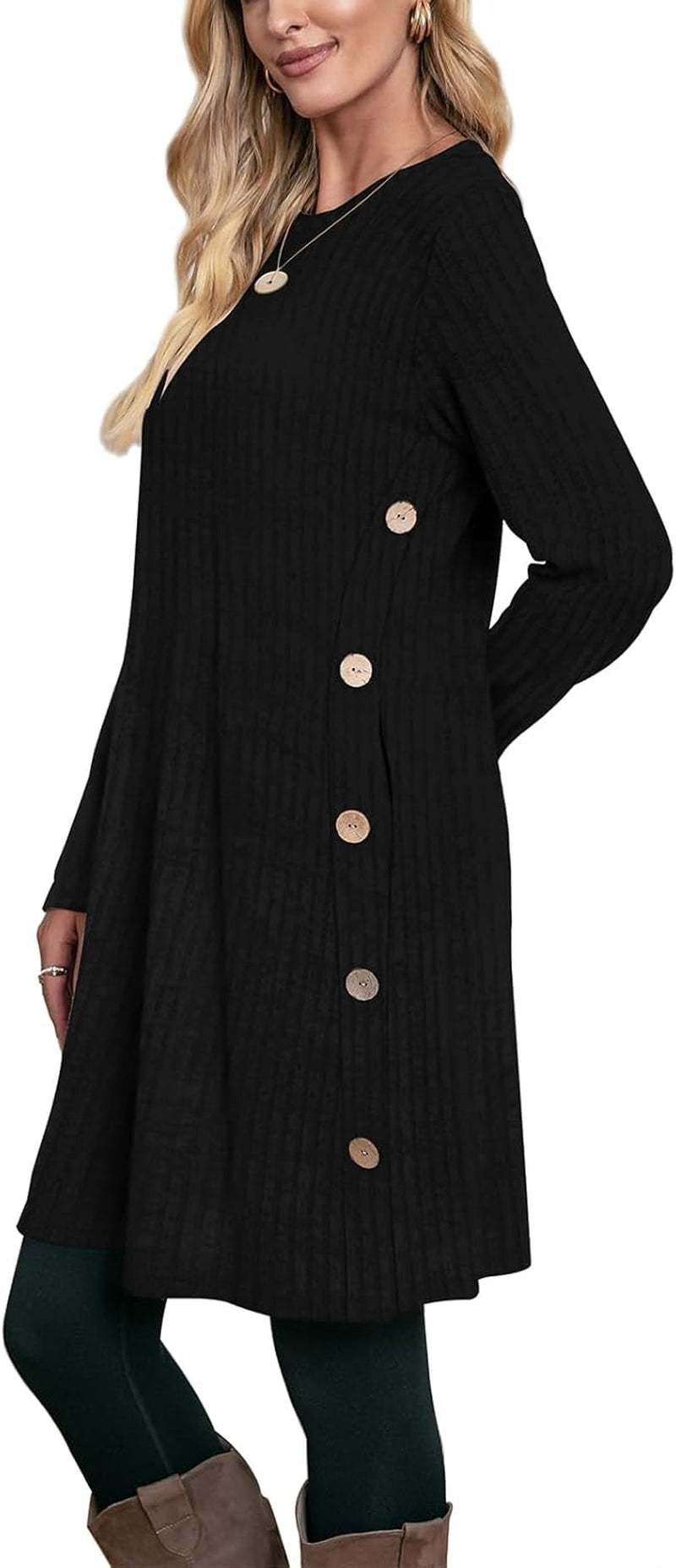 Fall and Winter Tunic Dress with Pockets Long Sleeve Crew Neck Buttons Side