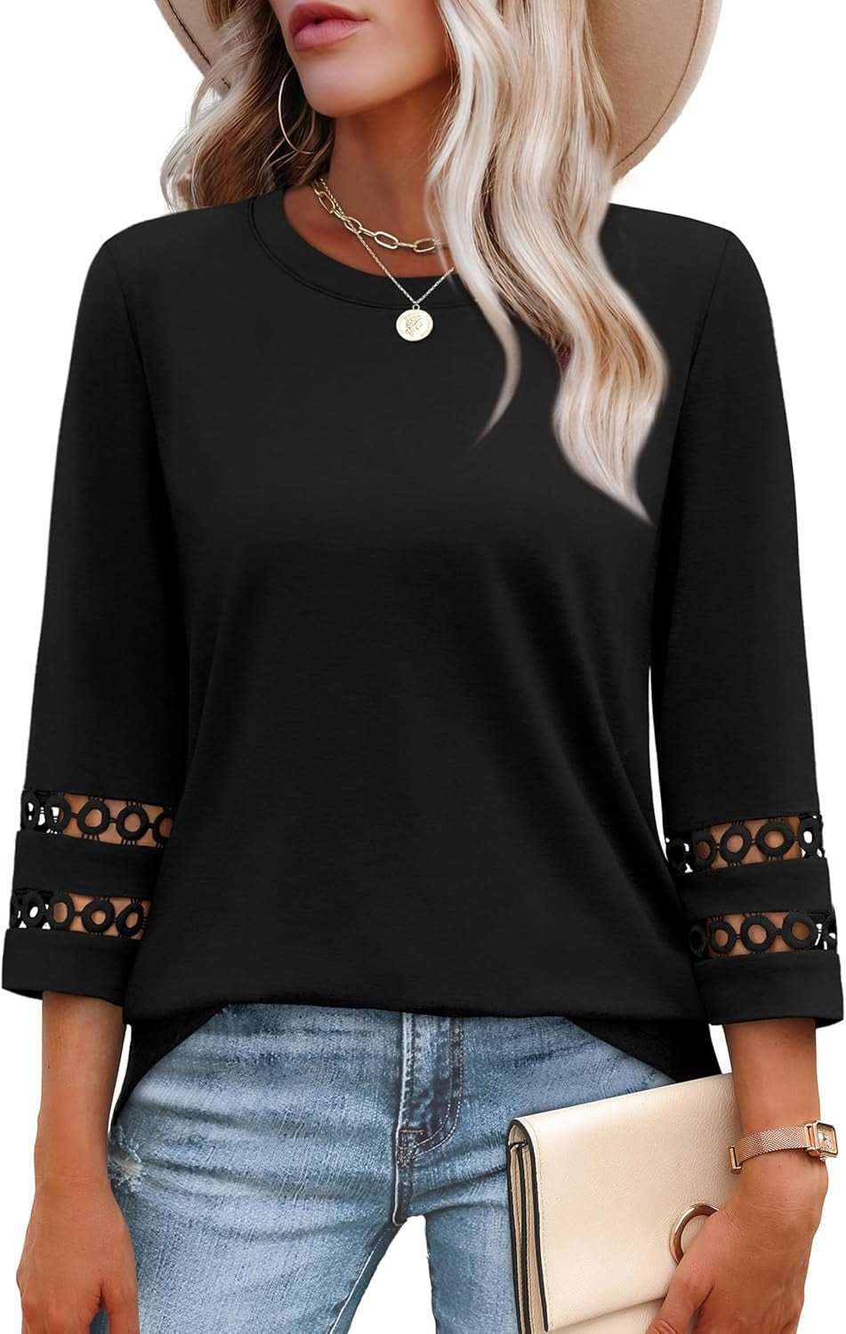3/4 Length Sleeve Womens Tops and Blouses Dressy Casual Crewneck T Shirts Fashion Clothes Loose Fit Trendy
