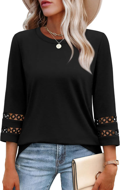 3/4 Length Sleeve Womens Tops and Blouses Dressy Casual Crewneck T Shirts Fashion Clothes Loose Fit Trendy