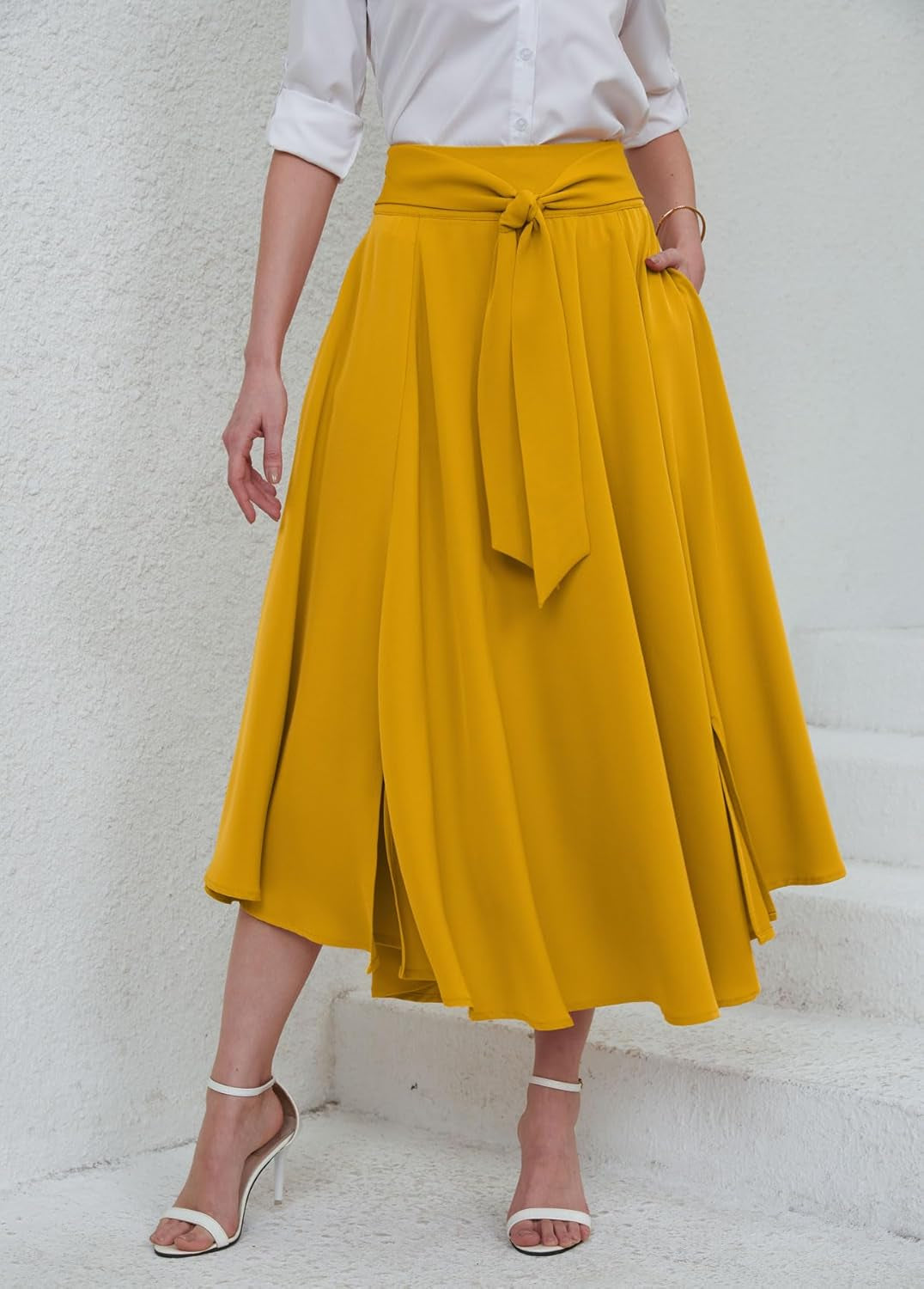 Women'S Elegant High Waisted Side Slit Irregular Bohemian Maxi Skirt with Pockets