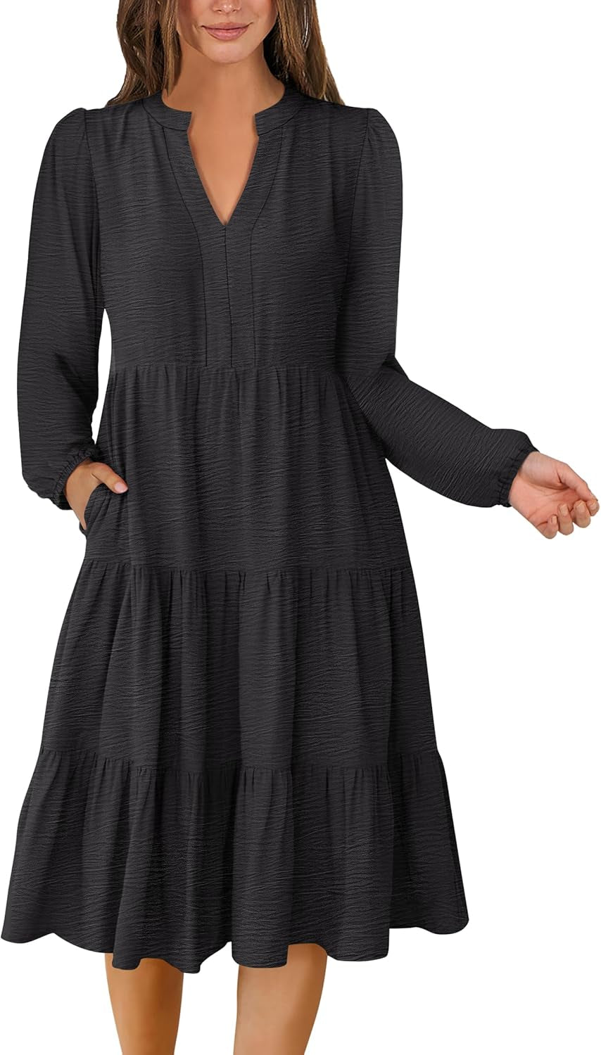 Womens Fall Midi Dresses Long Sleeve V Neck Swing Tiered Work Business Casual 2025 Flowy Beach Vacation Dress