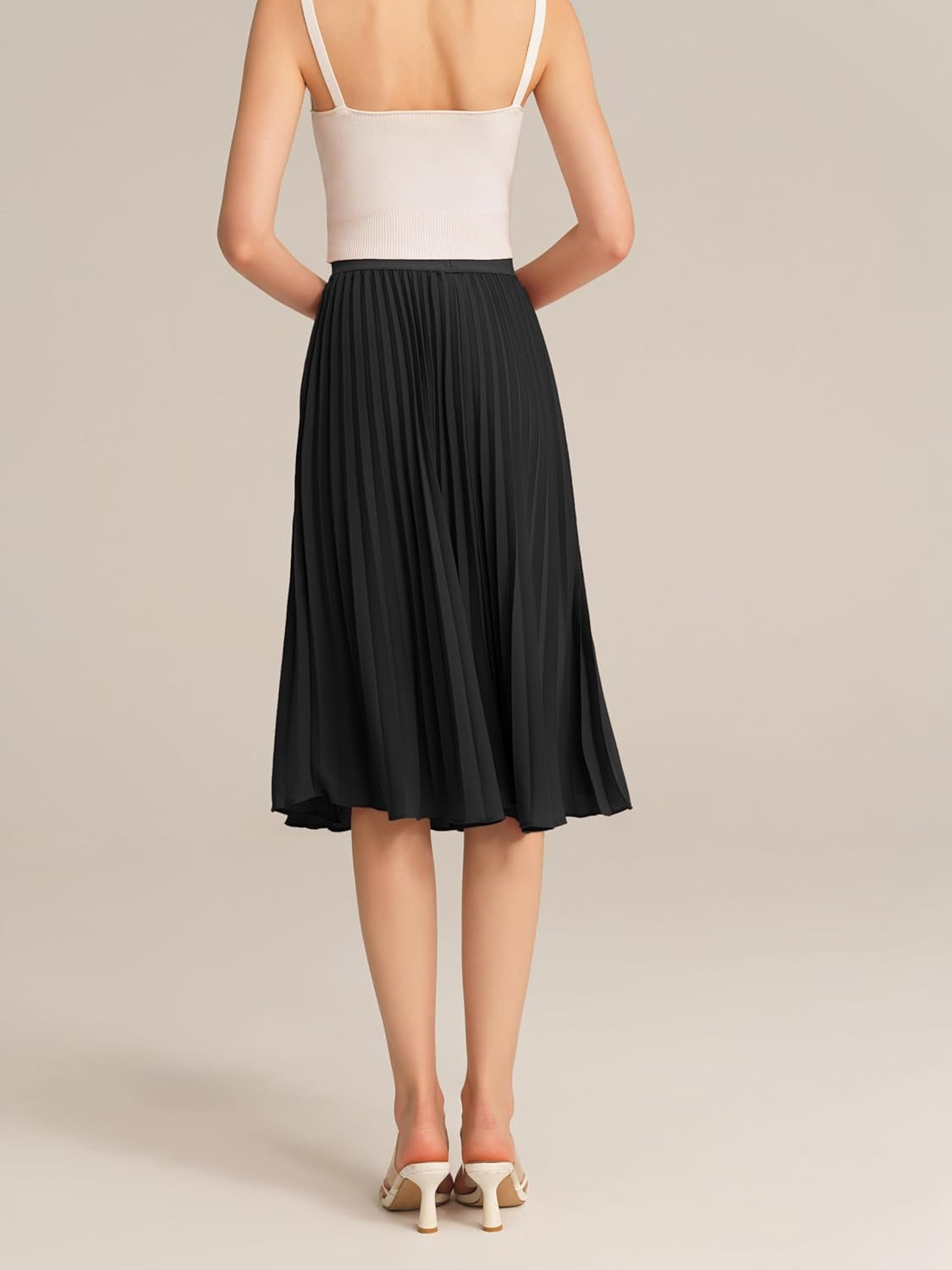 Women High Elastic Waist Pleated Chiffon Skirt Midi Swing A-Line Skirts