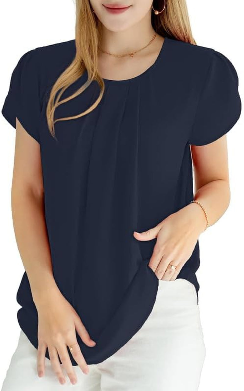 Women'S Casual round Neck Basic Pleated Tops Short Sleeve Loose Fit Curved Keyhole Back Chiffon Blouses Tshirts