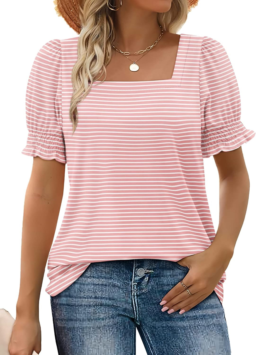 Tops for Women Summer Casual Ruffle Trim Sleeve Square Neck T Shirts