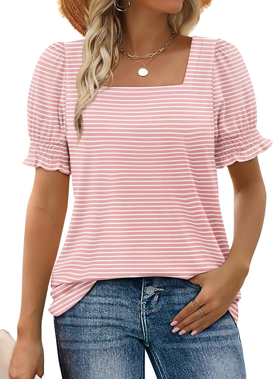 Tops for Women Summer Casual Ruffle Trim Sleeve Square Neck T Shirts