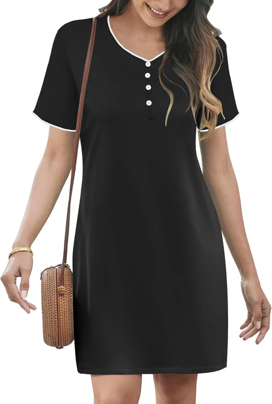 Sleep Shirts for Women Nightgown Short Sleeve Night Shirts V Neck Casual Print Sleepwear Dress S-2XL