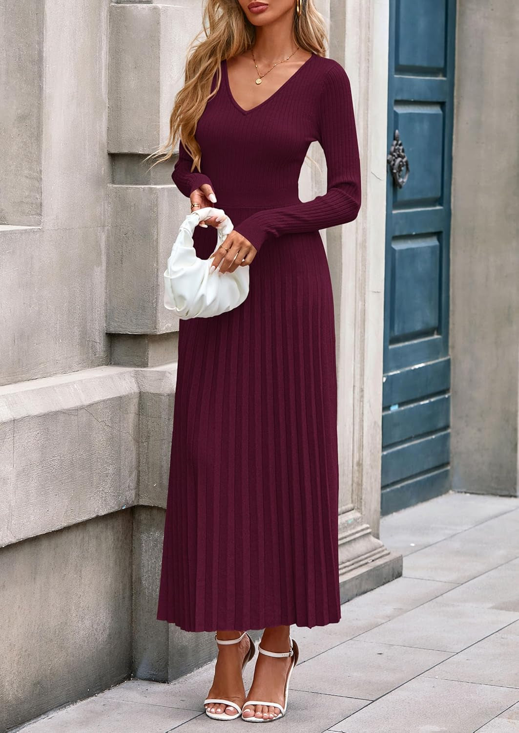 Women Sweater Dress Fall Fashion 2025 Long Sleeve V Neck Ribbed Knit Pleated a Line Elegant Maxi Winter Dresses