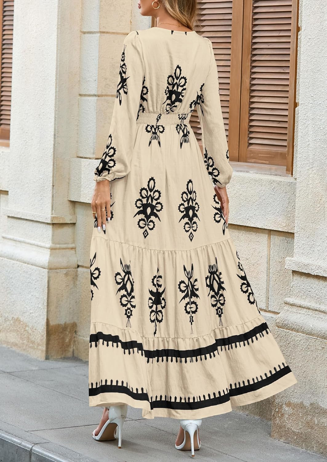 Women'S 2025 Fall Wedding Guest Dresses Boho Floral Long Sleeve V Neck Flowy Elegant Maxi Dress Beach Clothes