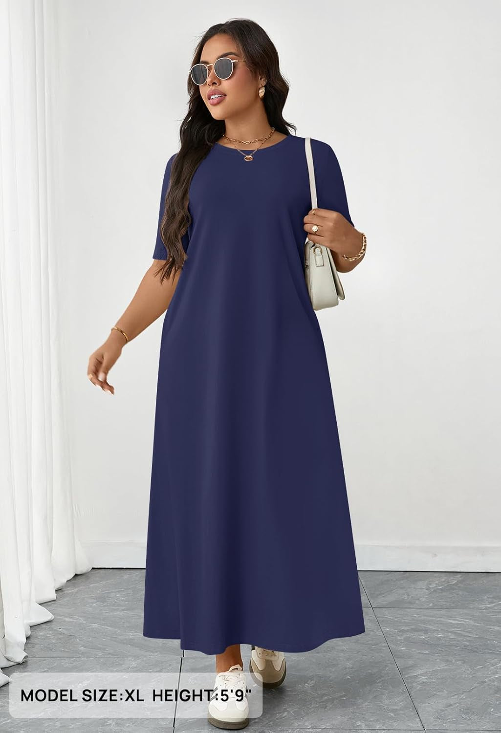 Women'S 2025 Summer Maxi Dress Casual Short Sleeve Beach Vacation Crewneck Basic Long T Shirt Dresses