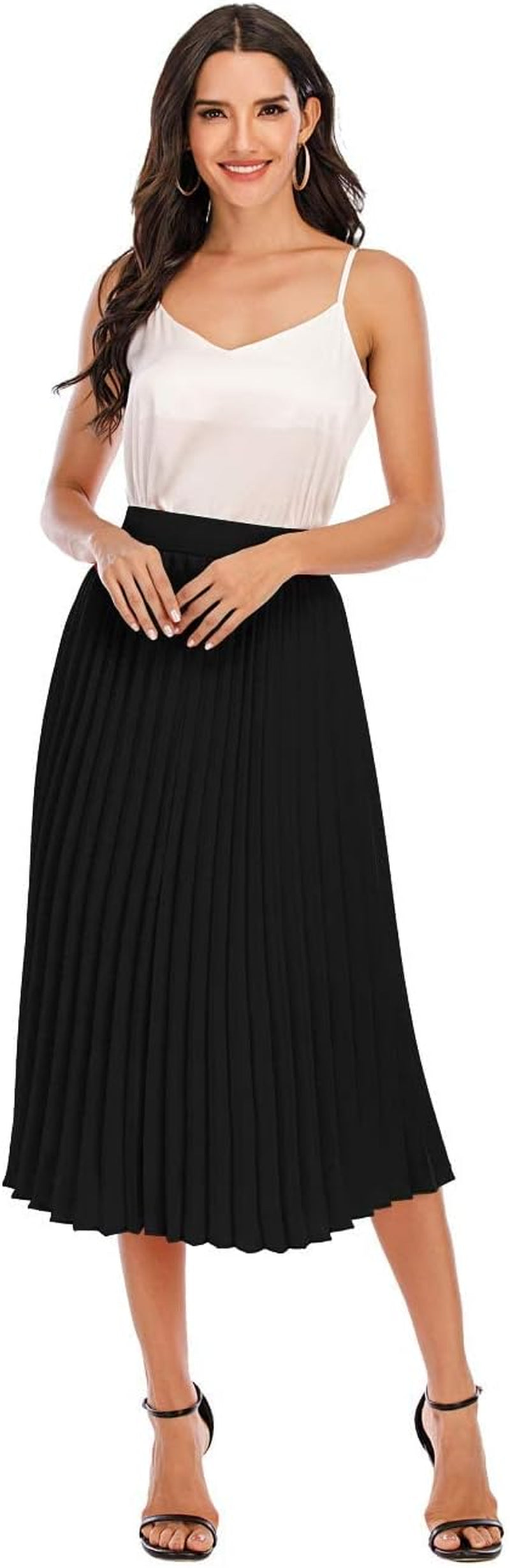 Pleated Midi Skirts for Women, Long Aline High Elastic Waisted Holiday Party Skirt