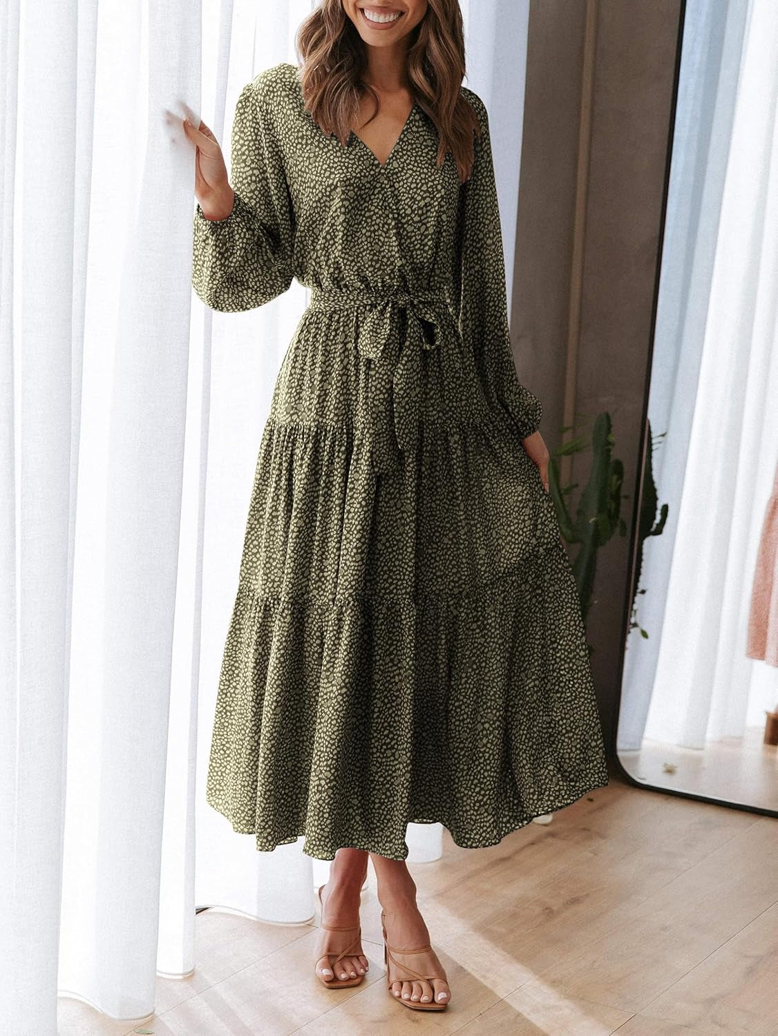 Womens Spring Long Sleeve Wrap V Neck Ruffle Floral Maxi Dress Casual Tie Waist Boho Chiffon Flowy Long Dresses