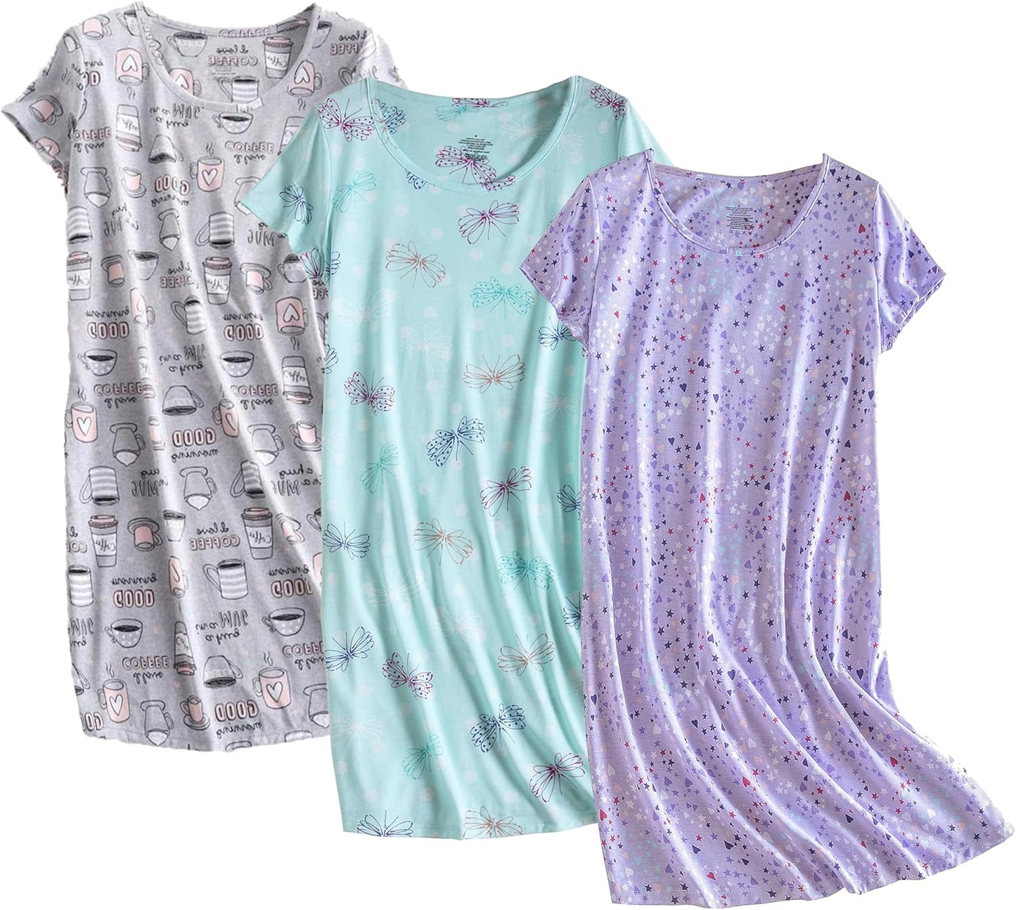 3 Pack Women'S Cotton Nightgown Sleepwear Short Sleeves Nightshirt Fun Print Sleepdress Loose Comfy Sleepshirts
