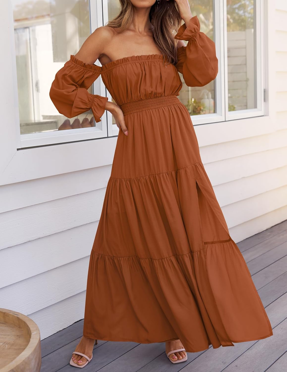 Women'S 2025 Boho Sexy off Shoulder Long Sleeve Smocked High Waist Side Split Flowy a Line Tiered Long Maxi Dress