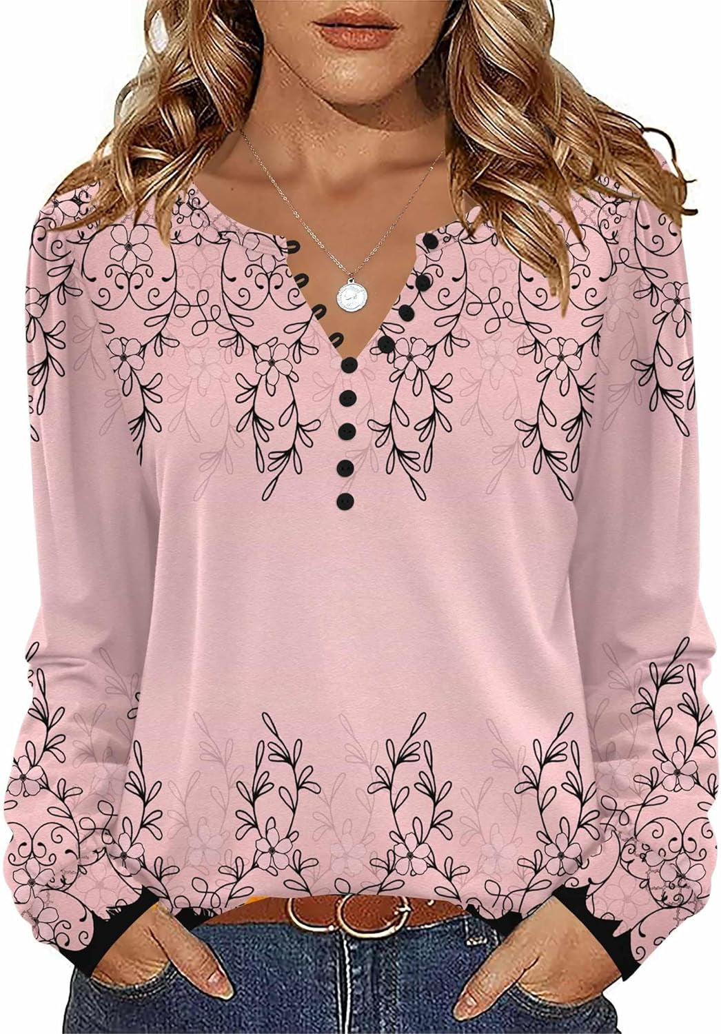 Fall Tops for Women Long Sleeve Button up Shirts Floral Tunics V Neck Pullover Blouse