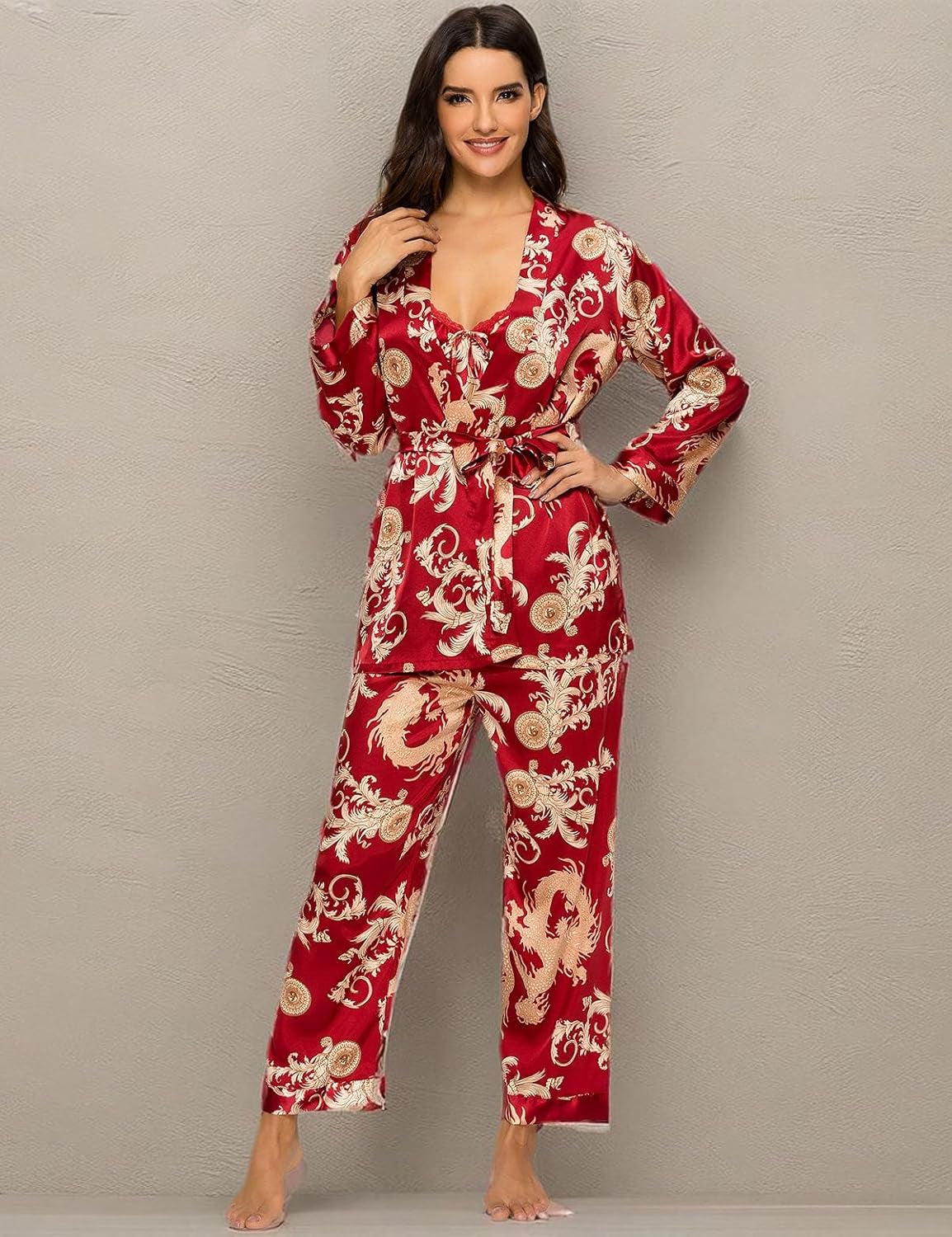 Women'S Silk Satin Pajamas Set 3 Pcs Floral Silky Pj Sets Sleepwear Cami Nightwear with Robe and Pant