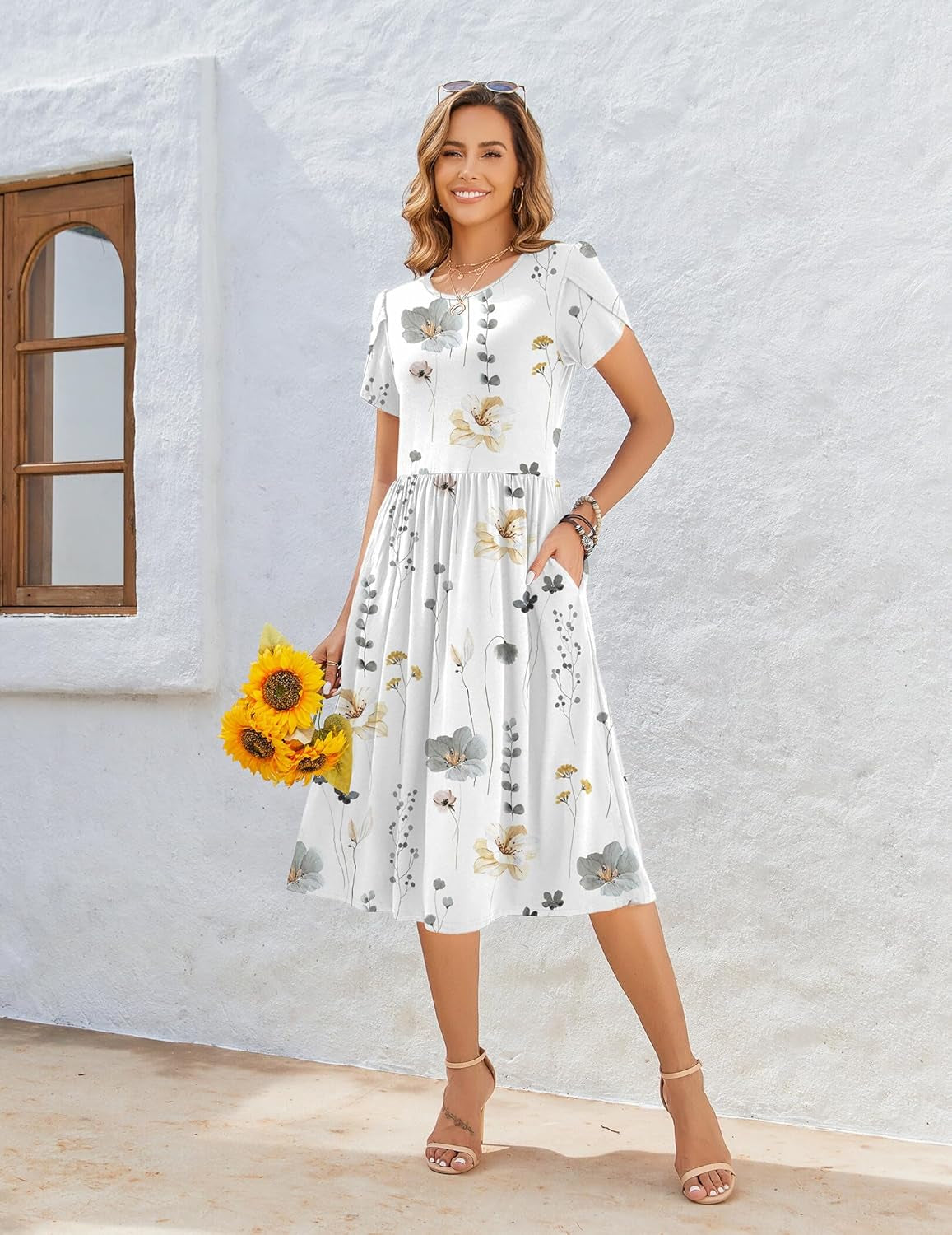 Women Summer Short Sleeve Midi Dress with Pockets Casual Aline Flowy Tshirt Dress Floral Vocation Beach Sundress