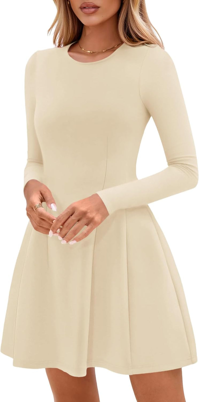 Long Sleeve Mini Dress for Women 2025 Fall Crewneck Knit Pleated Babydoll a Line Soft Casual Short Party Dresses