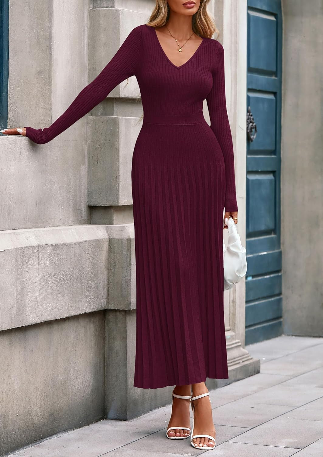 Women Sweater Dress Fall Fashion 2025 Long Sleeve V Neck Ribbed Knit Pleated a Line Elegant Maxi Winter Dresses
