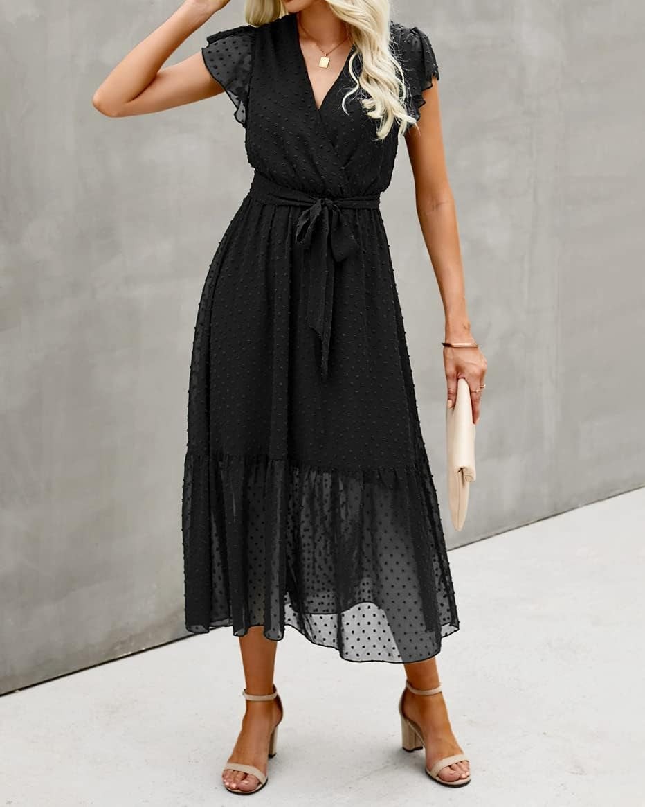 Women Summer Bohemian Floral Casual Wrap V Neck Ruffle Cap Sleeveless Belt A-Line Pleated Hem Midi Sun Dress White