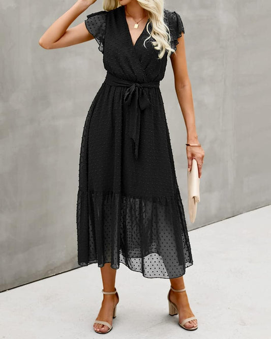 Women Summer Bohemian Floral Casual Wrap V Neck Ruffle Cap Sleeveless Belt A-Line Pleated Hem Midi Sun Dress White
