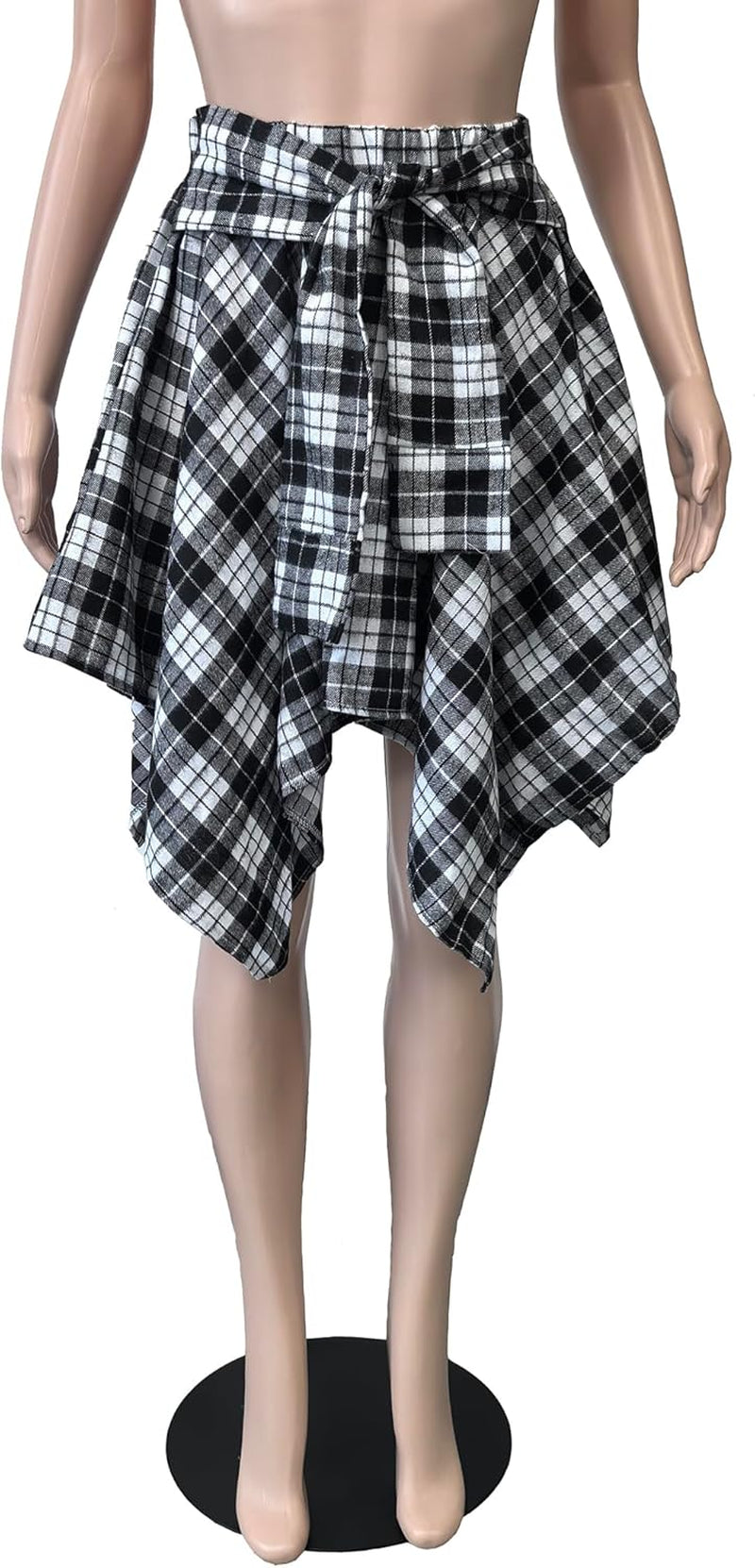 Womens Plaid Skirts Elastic High Waist Tie Front Asymmetrical Hem Pleated Mini Skirt