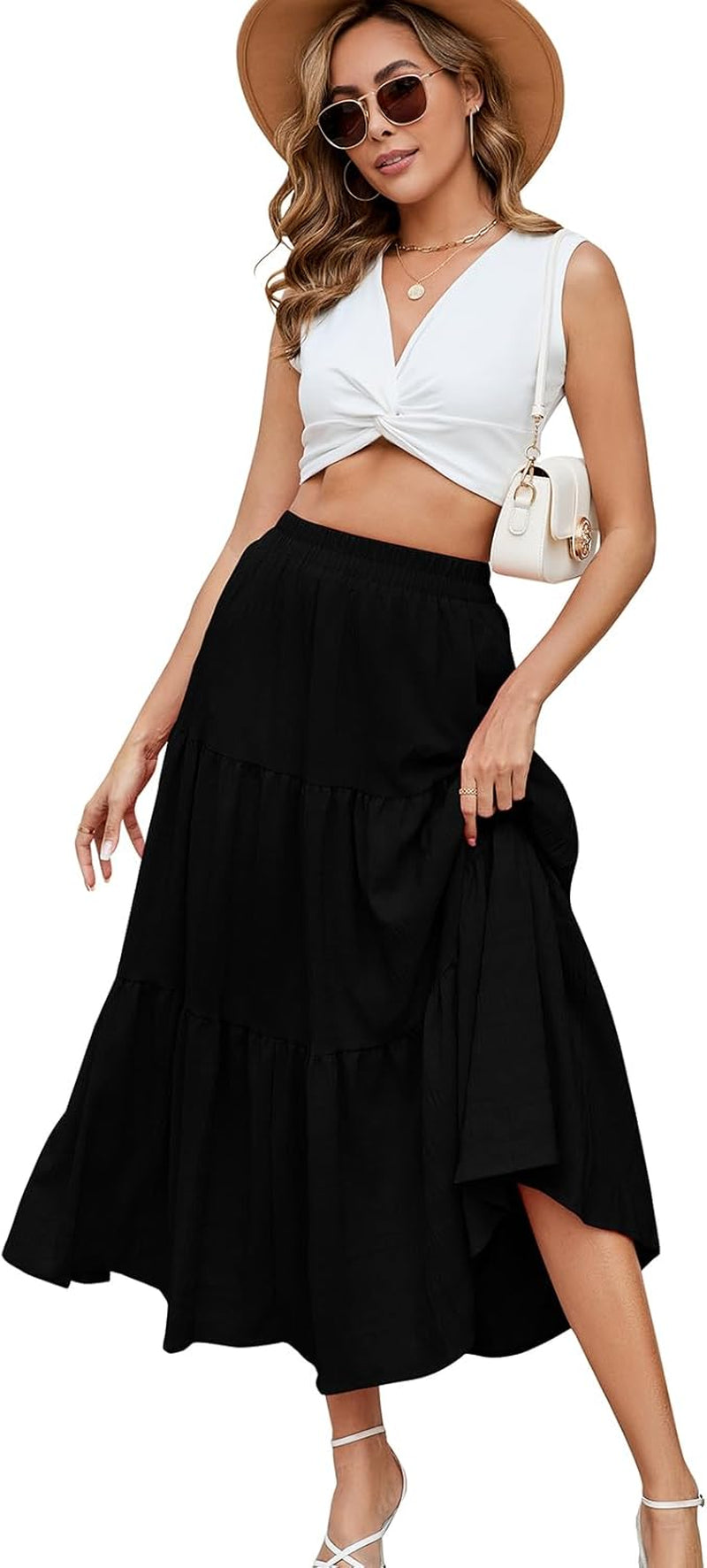 Women'S Summer Casual Elegant Smock Layered Tiered Maxi Skirt High Waisted a Line Flowy Long Skirts with Pockets