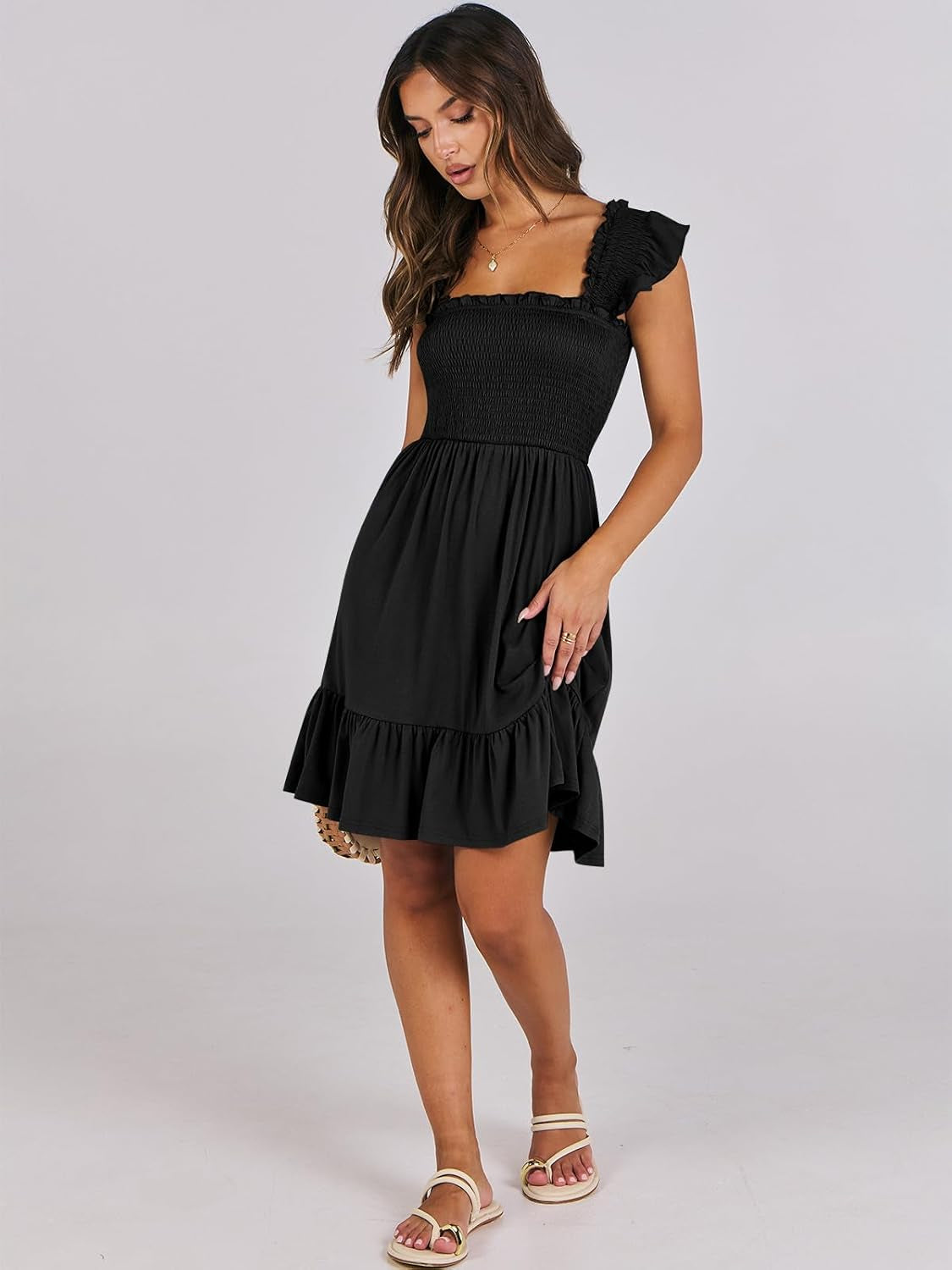 Women'S Summer Casual Sleeveless Square Neck Dress 2025 Smocked Ruffle Backless Boho Beach Cute Teen Short Sundress